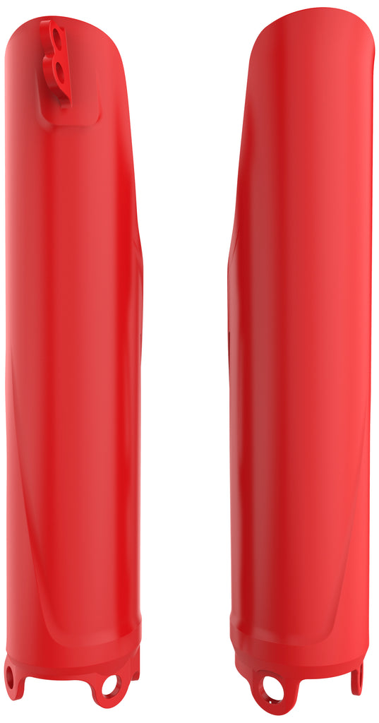 Red Polisport Plastics fork guards for motorcycle suspension, showing the body and mounting points on a white background.