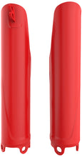 Load image into Gallery viewer, Red Polisport Plastics fork guards for motorcycle suspension, showing the body and mounting points on a white background.