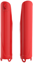Red Polisport Plastics fork guards for bikes, shown on a body panel, part number 64-39414, designed for motorcycle protection.