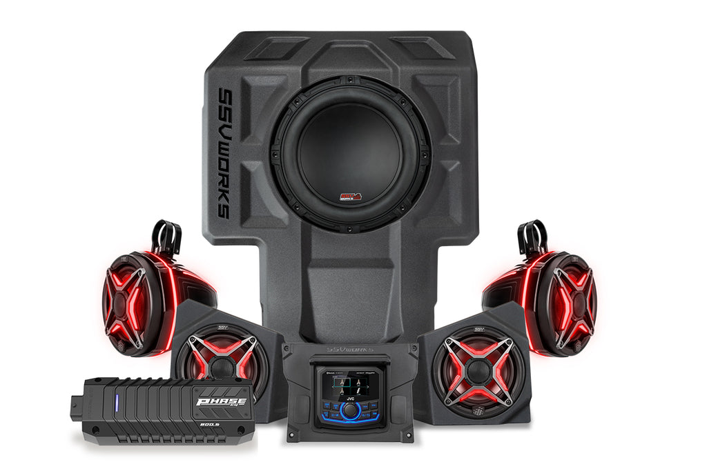 SSV Works 5 speaker kit with phase equalizer and JVC controller, featuring compact audio components for off-road vehicles.