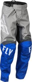 Fly Racing Youth F-16 Pants in grey and blue, size 22, shown with adjustable waist and durable fabric for motocross riding.