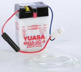 Yuasa 6N2A-2C-3 conventional battery with positive and negative terminals for automotive use, shown in the image.