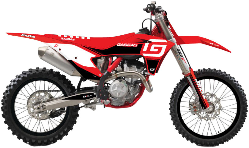 DCOR Racing graphics and decal kit for Gasgas MC 125-450 bikes, featuring bold black design and detailed branding elements.