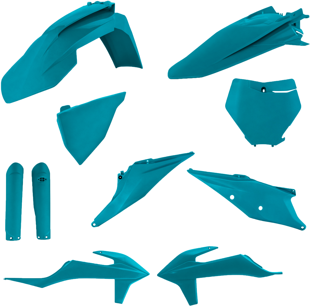 Acerbis teal metallic full plastic body kit for KTM motorcycles, including front and rear fenders and side panels.