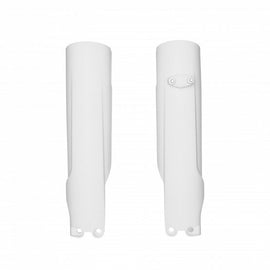 Polisport Plastics KTM white fork guards, model 64-835251, designed to protect motorcycle forks during riding.