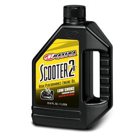 Maxima Scooter 2T 1L chemical container for scooter engine maintenance, featuring Maxima branding and product labeling.