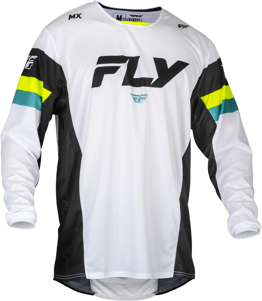 Fly Racing Kinetic Prix motocross jersey in white, black, and hi-vis with XL fit, featuring breathable fabric and bold design.