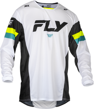 Load image into Gallery viewer, Fly Racing Kinetic Prix motocross jersey in white, black, and hi-vis with XL fit, featuring breathable fabric and bold design.