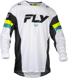 Fly Racing Kinetic Prix motocross jersey in white, black, and hi-vis with XL fit, featuring breathable fabric and bold design.