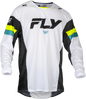 Fly Racing Kinetic Prix motocross jersey in white, black, and hi-vis with XL fit, featuring breathable fabric and bold design.