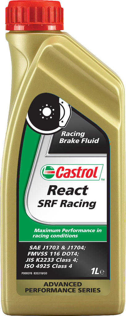 Castrol SRF Racing Brake Fluid 1L bottle, high-performance automotive brake fluid in a white container with blue cap.