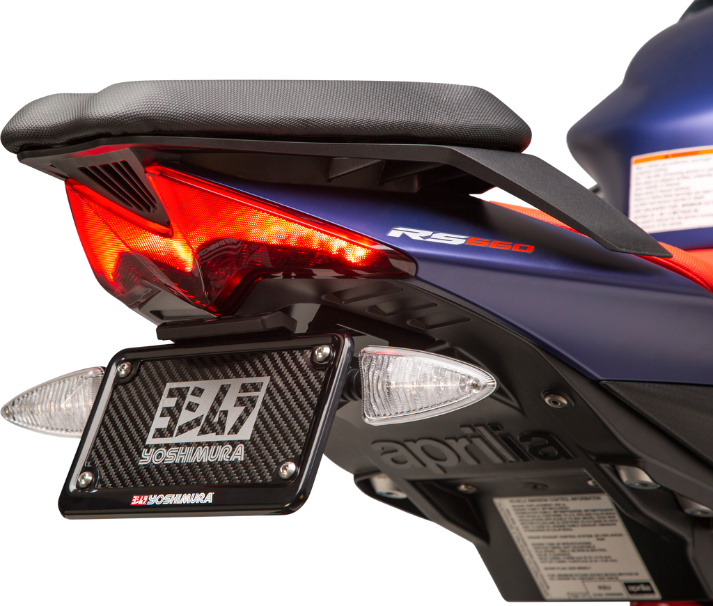 Yoshimura Fender Eliminator Kit for motorcycle body, showing sleek black design and mounting hardware.