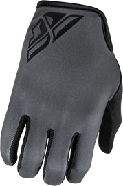 Fly Racing Radium Gloves in grey, size large, showing the textured fabric and secure wrist closure for motorcycle riding.