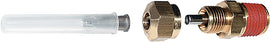 Motion Pro needle adapter for Schrader valves, used with pressurizing shock gauge, tool for motorcycle suspension maintenance.