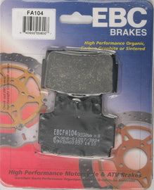 EBC Motorcycle Brakes Fa104 organic brake pads with metal backing plates, designed for reliable motorcycle braking performance.