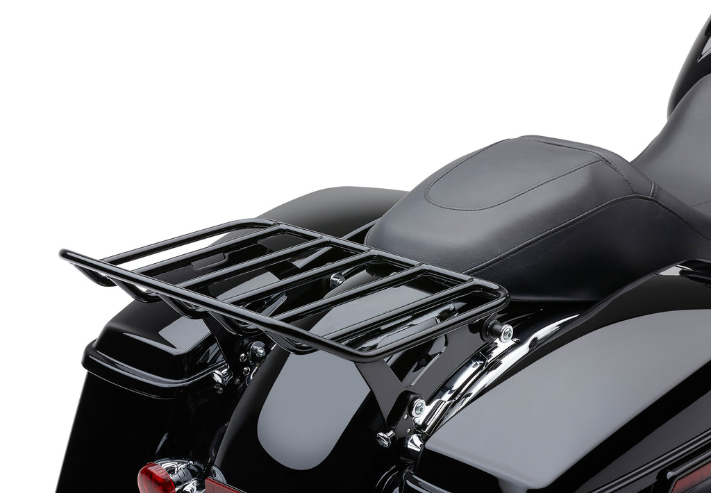Black Cobra Detach Big-A luggage rack for Flh/Flt 09-25 motorcycles, designed for secure luggage attachment.