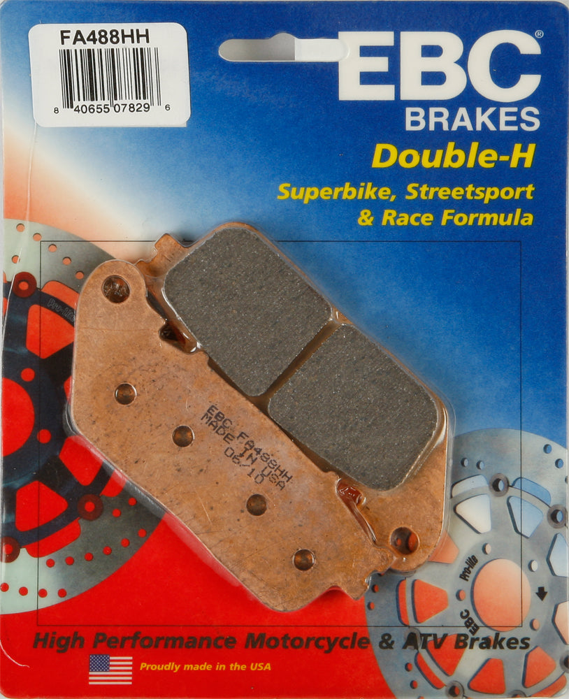 EBC Motorcycle Brakes Brake Pads 15-488H, close-up of black brake pads with metal backing plates for motorcycle braking system