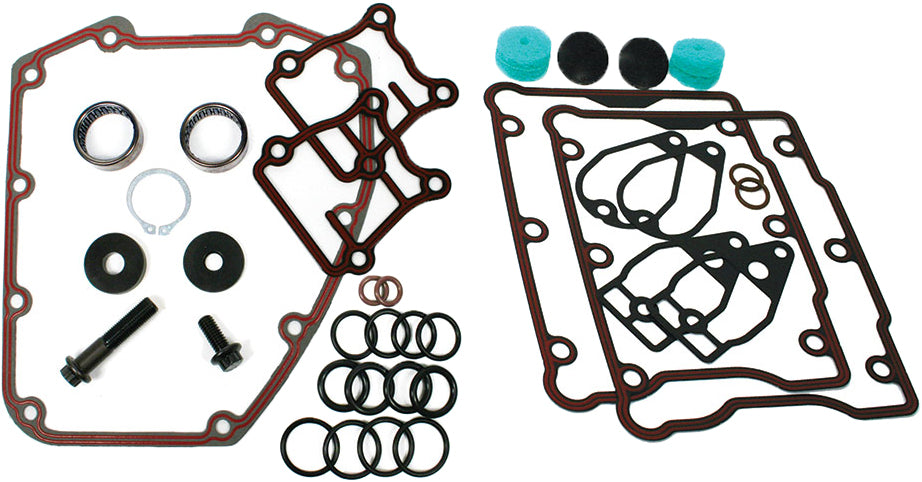 Feuling engine camshaft install kit with chain drive system, includes gears and components for motorcycle engine maintenance.