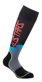Alpine Star Youth MX Plus-2 Socks in black, yellow fluo, and coral with reinforced areas, size medium/large, designed for motocross.