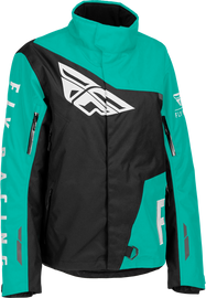 Fly Racing Women's SNX Pro Jacket in black and mint, featuring a sleek design and sporty fit, shown in the image.