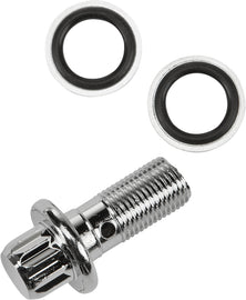 HardDrive chrome 7/16 banjo bolt with washers, 12-point fitting for automotive hardware and fasteners, OE#41739-84.