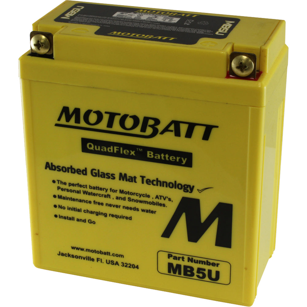 Motobatt MB5U sealed factory-activated motorcycle battery with positive and negative terminals visible