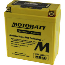 Load image into Gallery viewer, Motobatt MB5U sealed factory-activated motorcycle battery with positive and negative terminals visible