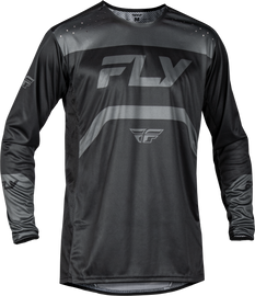 Fly Racing Rayce bicycle jersey in black and charcoal, XL size, featuring lightweight, breathable fabric with a sleek design.