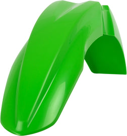 Green Polisport Plastics front fender for street bikes, model 64-05925, shown attached to a motorcycle wheel.
