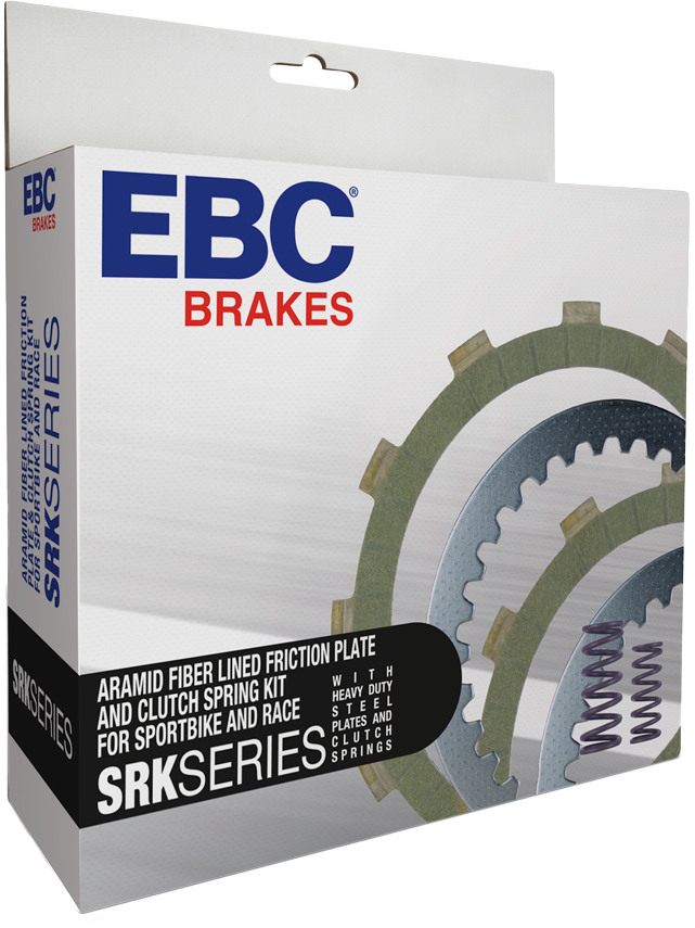 EBC Motorcycle Brakes clutch kit with fiber, steel plates, and springs for Kawasaki SRK models, showing clutch components and packaging.