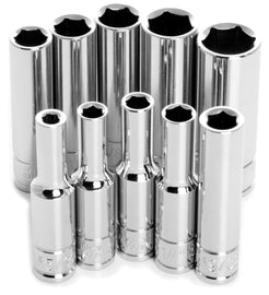 Performance Tool 10-piece 1/4-inch SAE socket set with deep sockets, arranged on a workbench with tools and accessories.