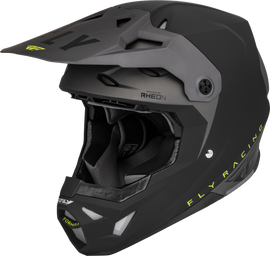 Fly Racing Formula Cp Slant helmet in matte black, grey, and hi-vis colors, showcasing the helmet's sleek design and safety features.