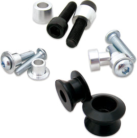 Black BOLT swingarm spools for motorcycle suspension, mounted on the swingarm for wheel removal and stability.
