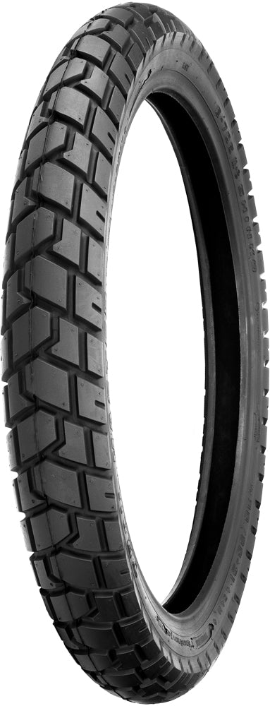 Shinko Tire 705 Dual Sport Front 90/90-21 bias tire with 54h load index on a motorcycle wheel, suitable for off-road and dual sport riding