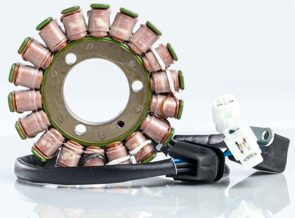 Ricks Motorsport Electric Stator 27-21821 for motorcycle electrical system, showing the copper wire windings and metal core.