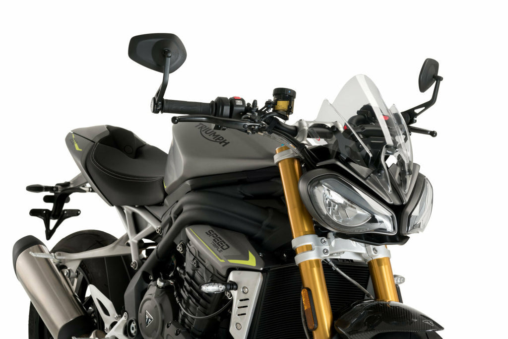Clear PUIG Windscreen Nng Sport Tri 561-20795 mounted on motorcycle, showcasing its aerodynamic design and transparent wind protection.