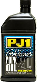 PJ1 Products Fork Tuner Oil 20W, 1-liter bottle, chemical product for motorcycle forks, with label and packaging visible.