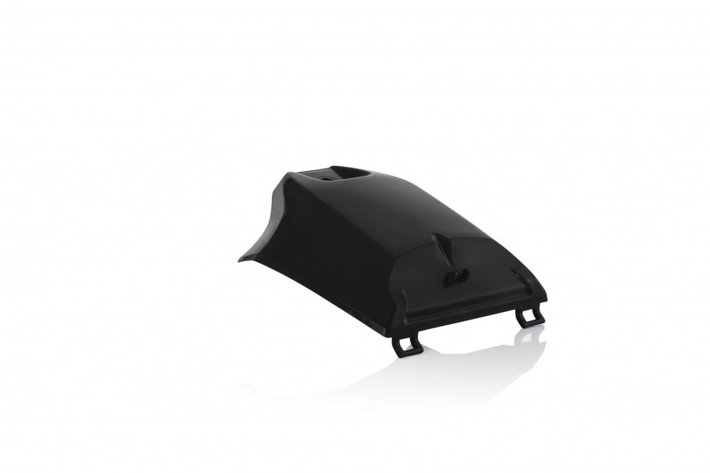 Black Acerbis tank cover for motorcycles, shown fitted on a bike with detailed close-up of the cover's surface.