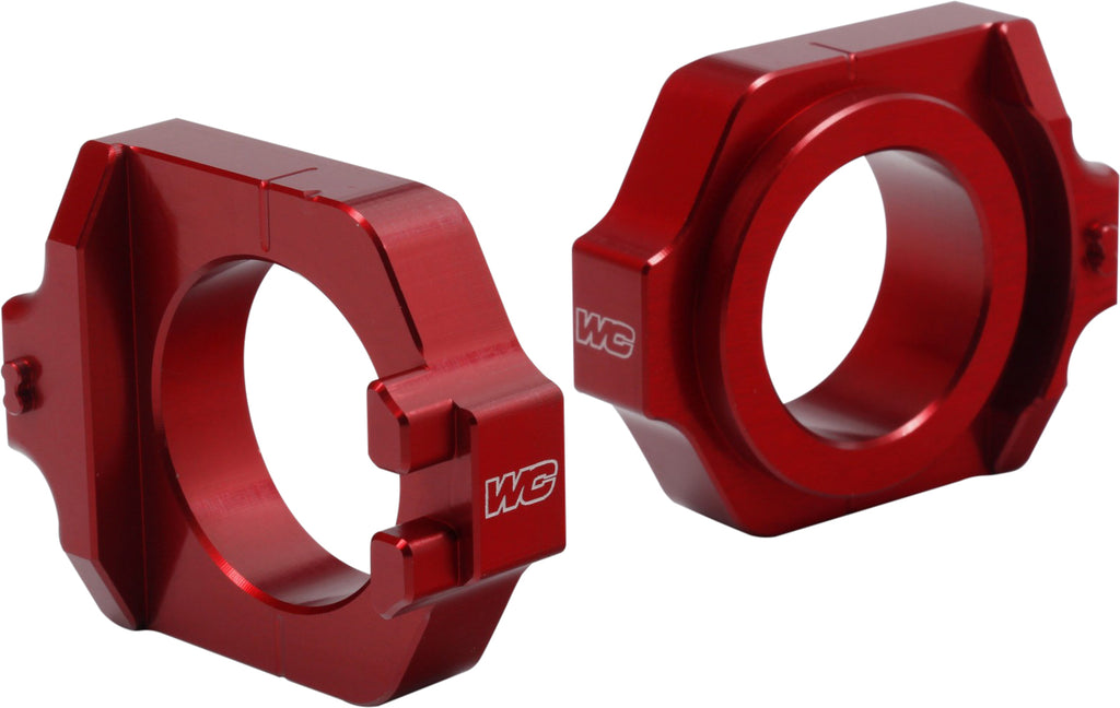 WORKS Axle Blocks Elite Hon Red drive axle blocks for secure wheel support in automotive or racing applications.