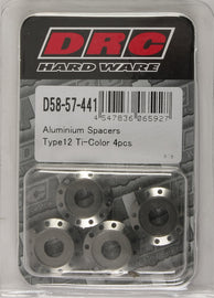 DRC aluminum spacers, Type 12 titanium M6x12mm, 4-pack, visible in image with smooth metallic finish and precise dimensions