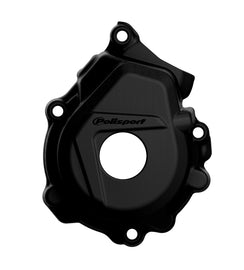 Polisport Plastics black ignition cover protector for motorcycle, body-mounted, model 64-0831B, shown on a bike.