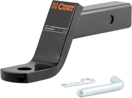 CURT ball mount with pin clip, accessory for towing, shown with hitch receiver and safety pin in place.