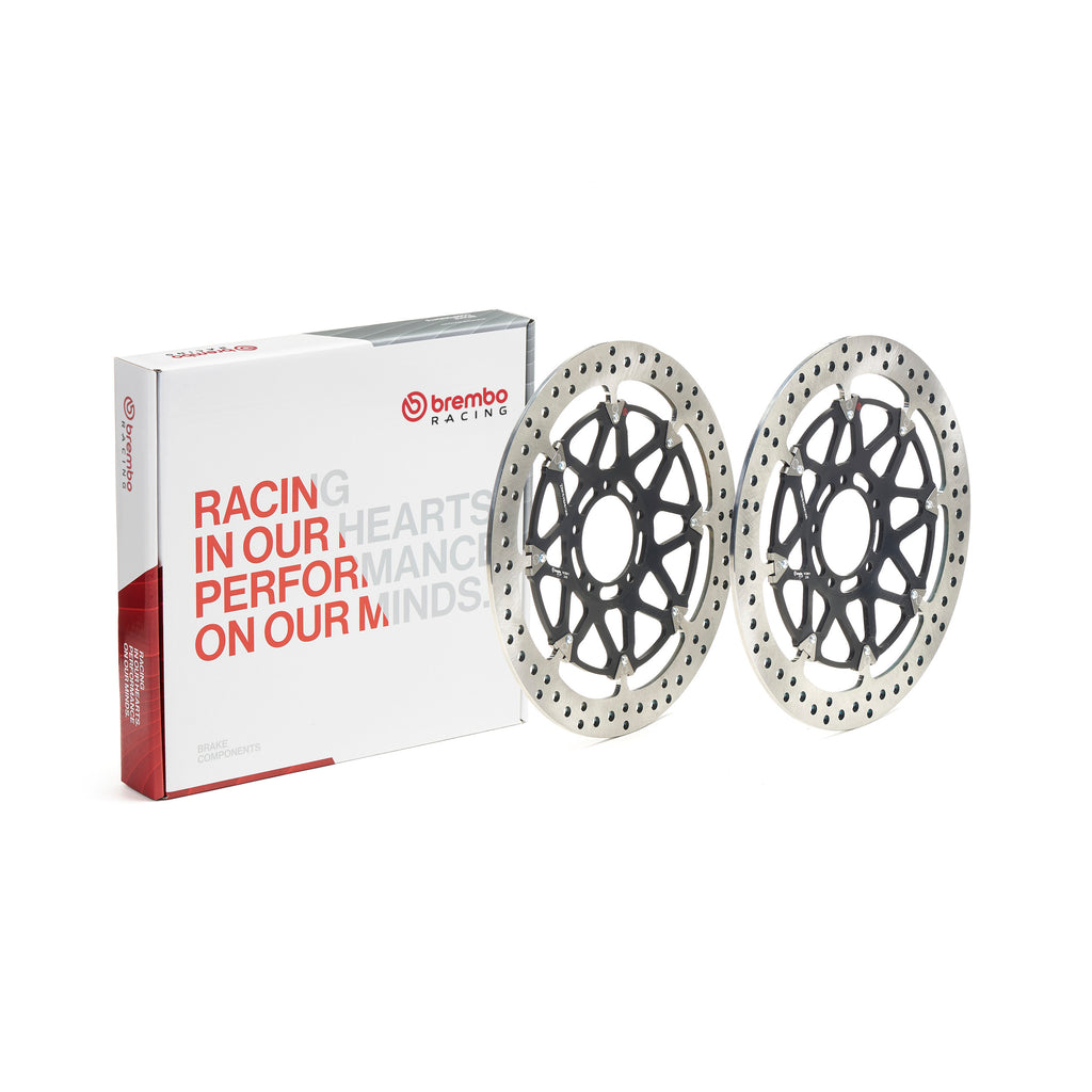 BREMBO upgrade front T Drive floating brake rotor showing vented design and mounting surface for enhanced braking performance.