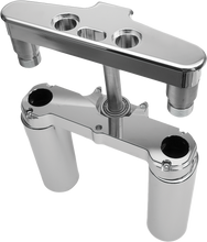 Load image into Gallery viewer, Chrome Hawg Halters Inc 4 Degree Raked Triple Trees for steering, 41mm custom fit, with detailed machining and polished finish.