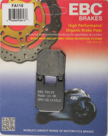 EBC Motorcycle Brakes FA115 organic brake pad shown, designed for reliable motorcycle stopping power and smooth braking.