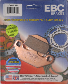 EBC Motorcycle Brakes Brake Pads 15-128R set with black and metal components for motorcycle stopping power, shown in close-up view.