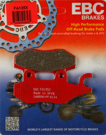 EBC Motorcycle Brakes brake pads set with 15-135X size, showing black friction material and metal backing for effective stopping power.