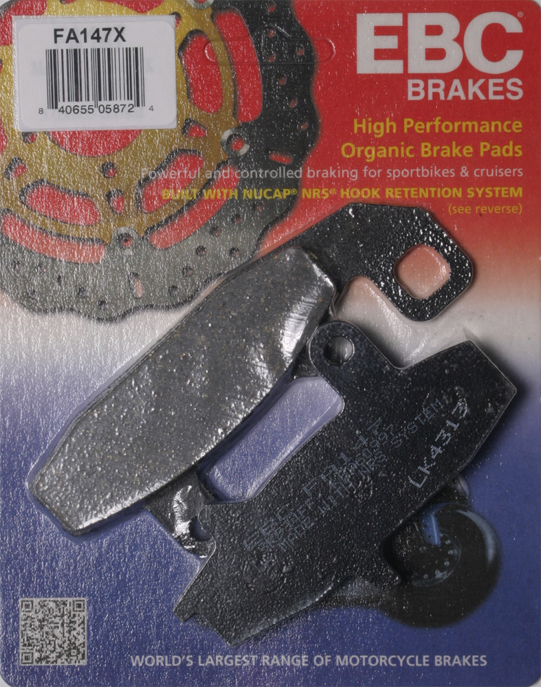EBC Motorcycle Brakes Brake Pads 15-147X set showing black brake pad components for motorcycle braking systems