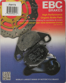 EBC Motorcycle Brakes Brake Pads 15-173 showing black brake pad with metal backing and EBC branding for motorcycle braking system