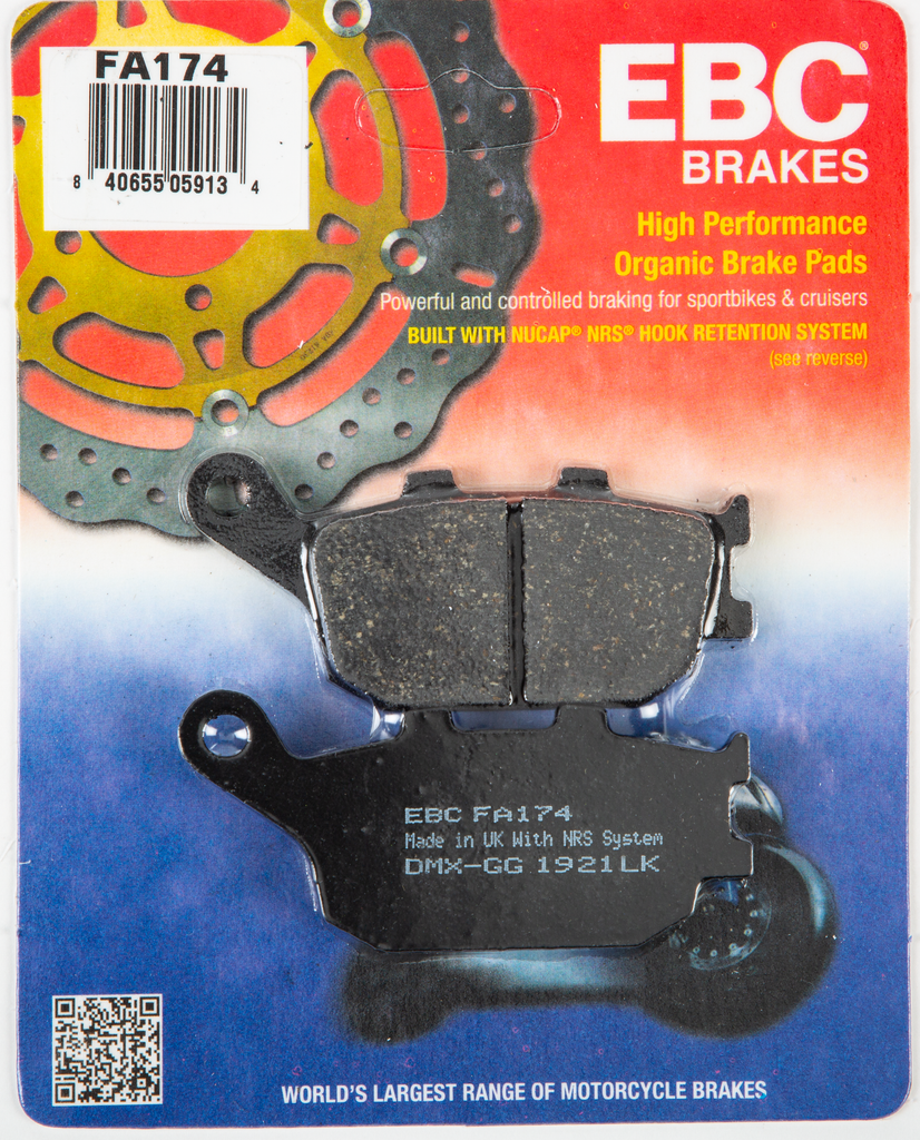 EBC Motorcycle Brakes Brake Pads 15-174, durable brake pads for motorcycles, shown in a close-up image.